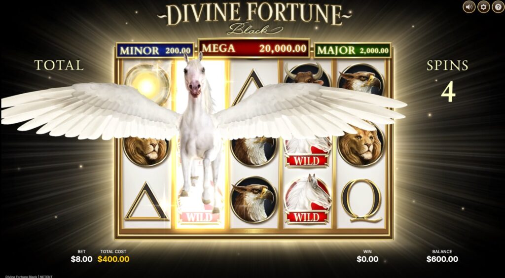 Gameplay during the Divine Spins bonus round of the Divine Fortune Black slot, with expanding special symbols.