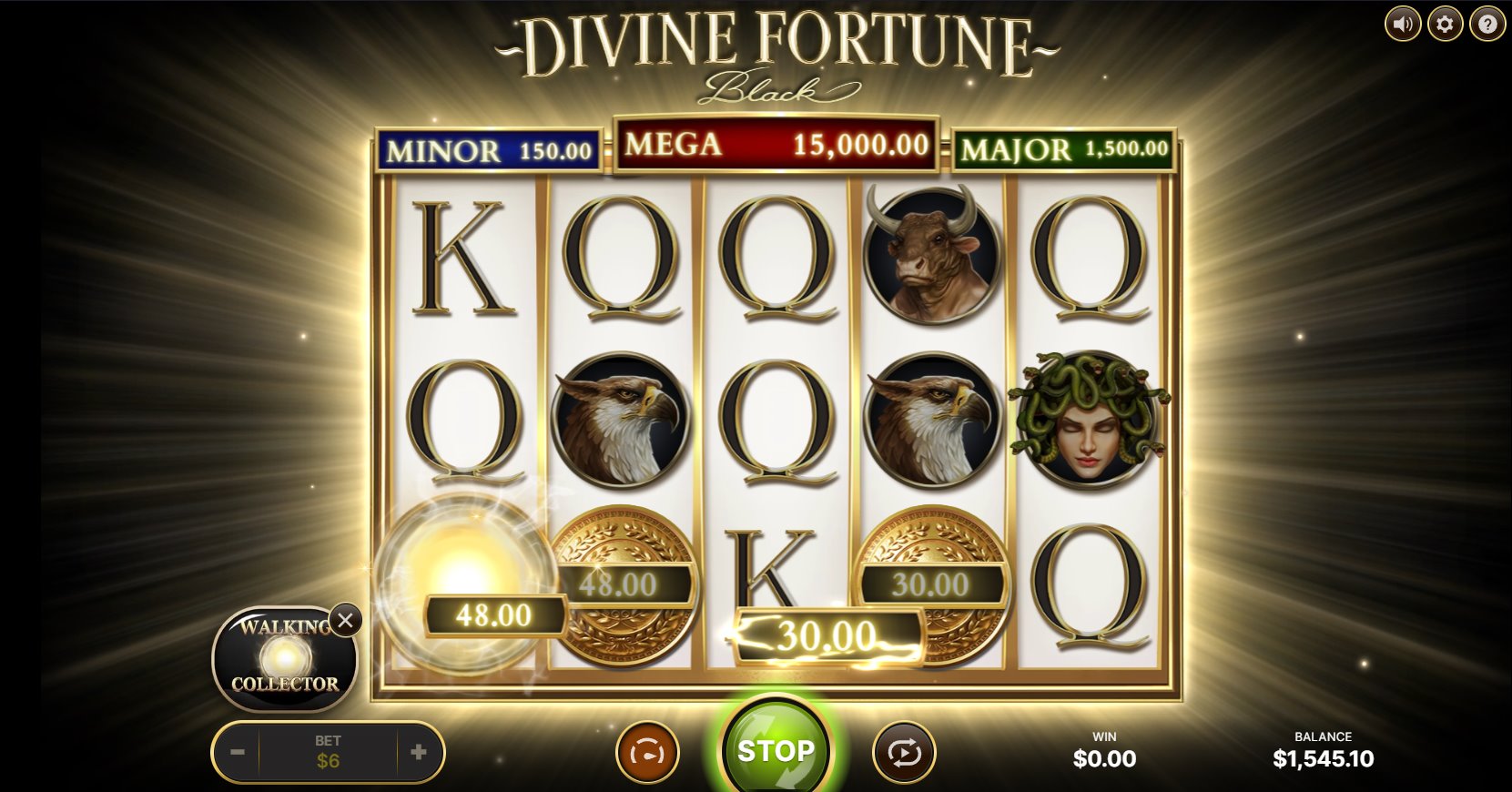 Fortune Collector symbol actively gathering values from Cash Prize and Jackpot symbols in the Divine Fortune Black slot.