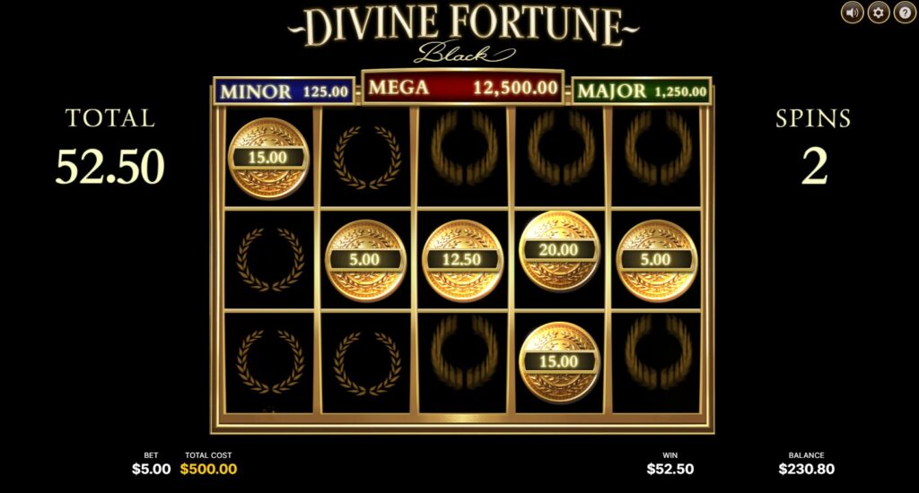 The Fortune Spins hold-and-win bonus feature active in the Divine Fortune Black slot, with locked prize symbols.