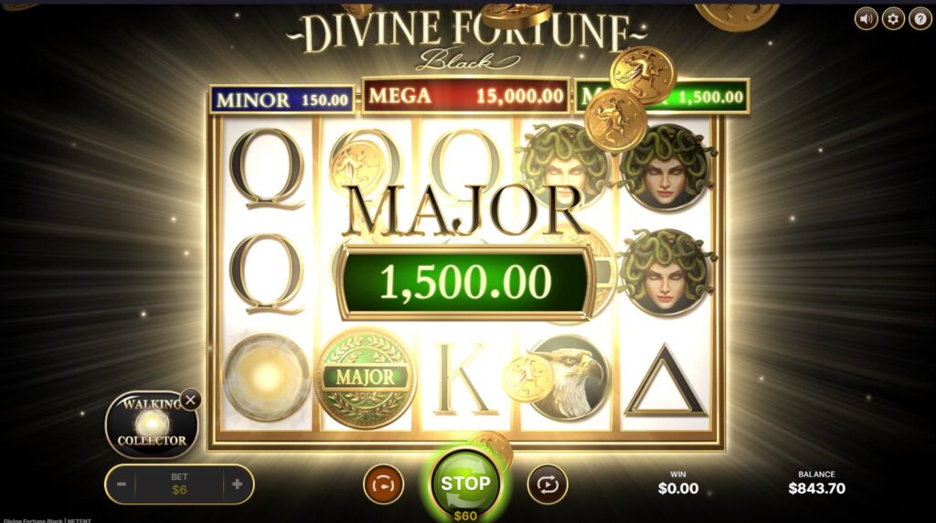 A celebratory screen displaying a Major Jackpot win in NetEnt's Divine Fortune Black slot game.