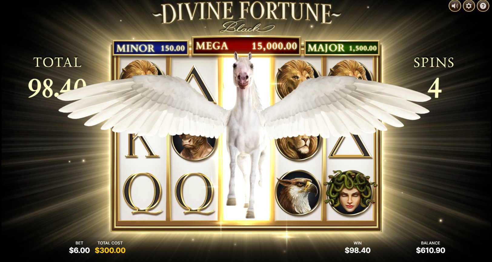The Pegasus Wild symbol expanding to cover an entire reel in NetEnt's Divine Fortune Black slot game.