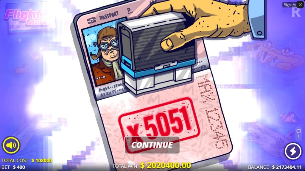The max win screen in the Flight Mode slot, showing a passport being stamped with the 5,051x multiplier.