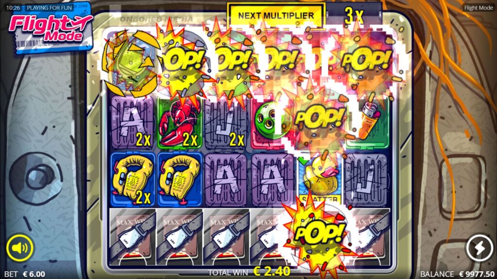 The Bomb symbol exploding on the reels of the Flight Mode slot, clearing a row and column.