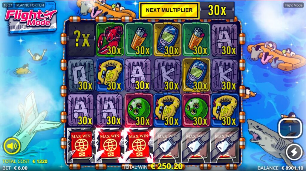 The Flee Spins bonus round in the Flight Mode slot, showing a high multiplier and the plane crash theme.