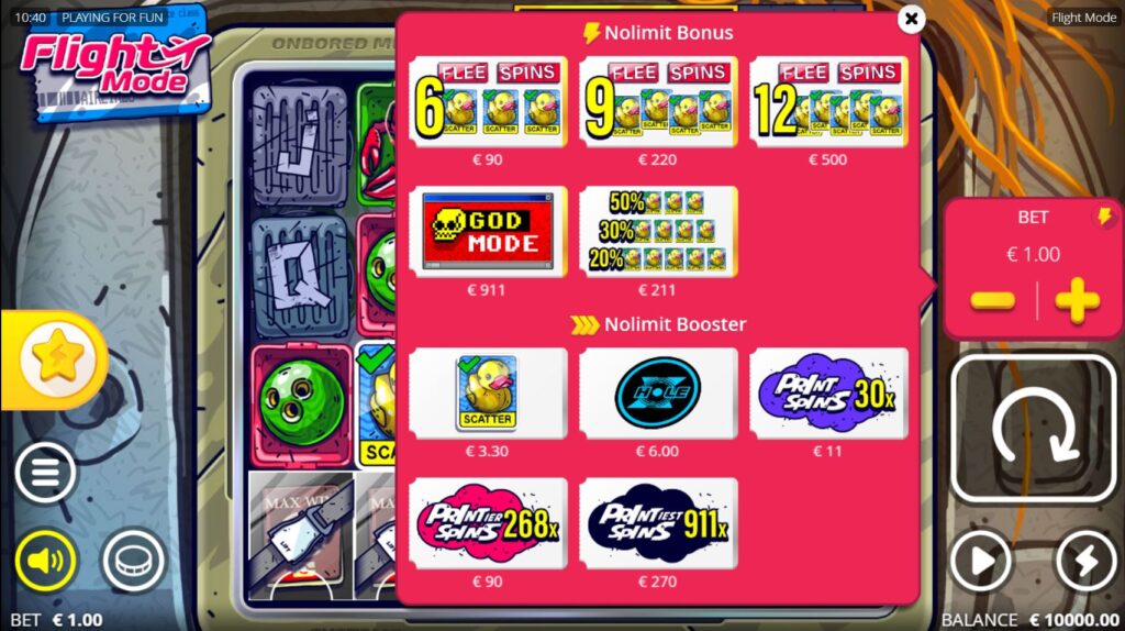 The Nolimit Booster and Bonus Buy menu in the Flight Mode game, showing options like God Mode.