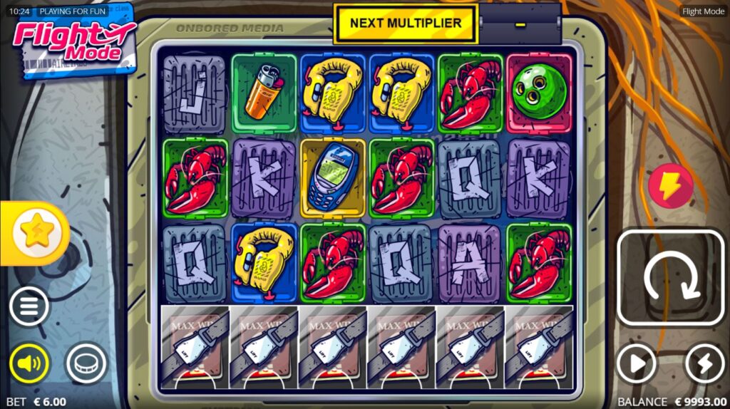 Flight Mode slot base game grid with 6 reels and a locked Max Win bottom row.
