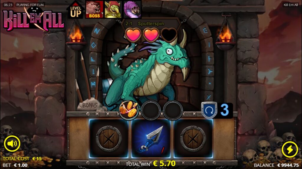 Kill Em All slot screenshot showcasing a Boss Fight against a formidable monster