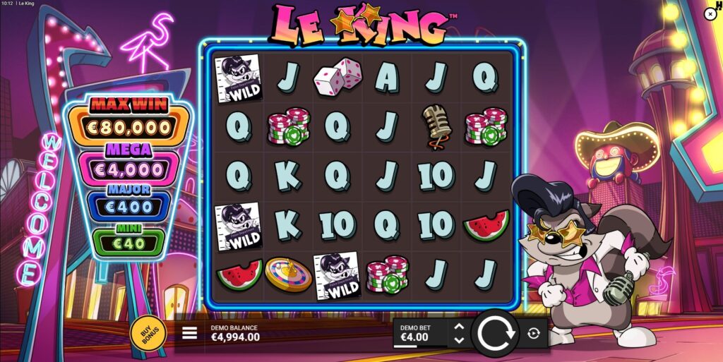 Le King slot main game interface featuring Smokey the Raccoon character by Hacksaw Gaming and the 6x5 reel grid.