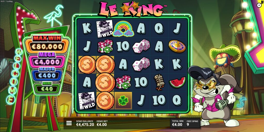 Gameplay during Spin City Free Spins in Le King slot, showcasing progressive Golden Squares on the grid