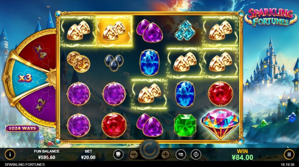 Cascading win in Sparkling Fortunes with an active win multiplier displayed.