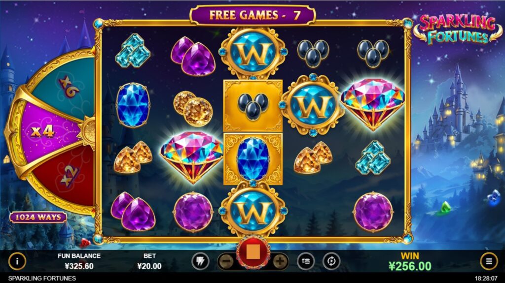 Gameplay during the Free Games round in Sparkling Fortunes, showing Golden Reel 3.
