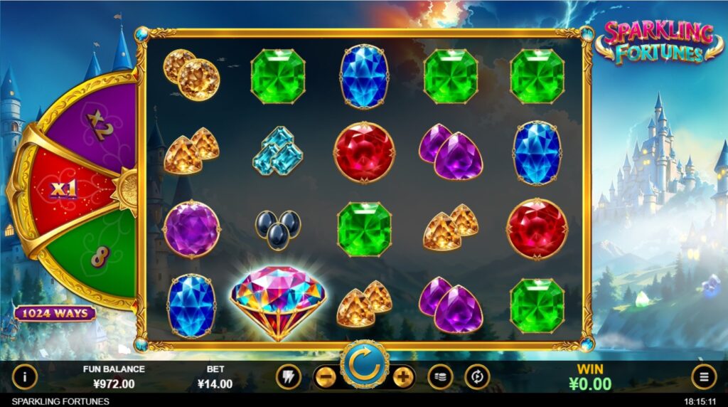 Sparkling Fortunes main game interface with gem symbols and castle background.