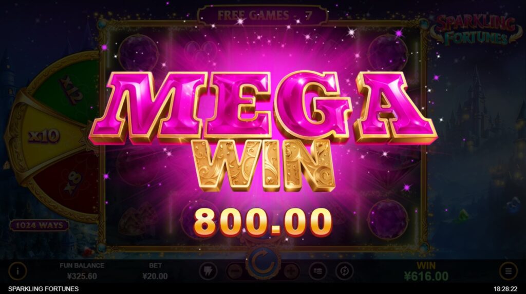 A "Mega Win" screen displayed in the Sparkling Fortunes slot game.