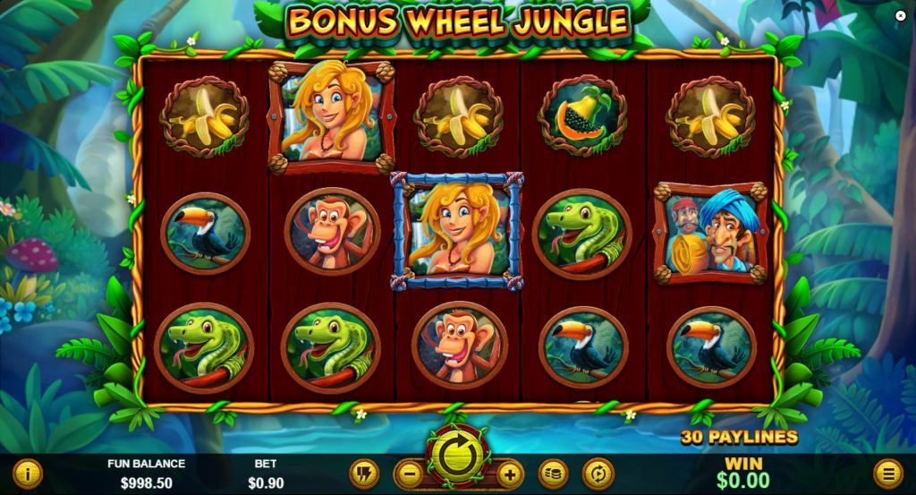 Bonus Wheel Jungle slot base game view showcasing reels, symbols and game interface.