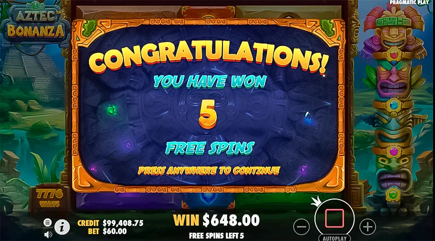 Win 5 free spins in Aztec Bonanza Slot Demo
