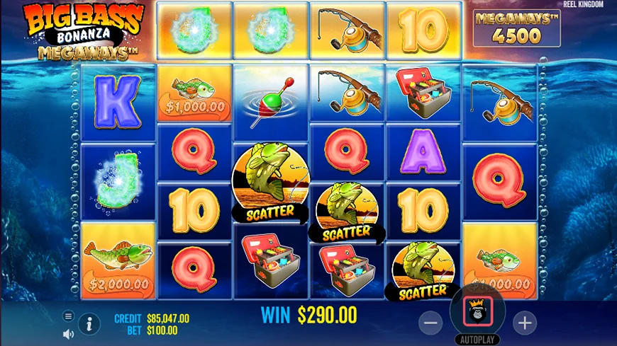 Winning bonus features in the Big Bass Bonanza Megaways slot.