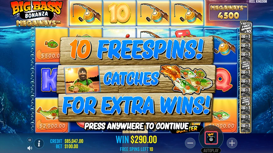 Start 10 free spins in Big Bass Bonanza Megaways slot after winning the bonus.

