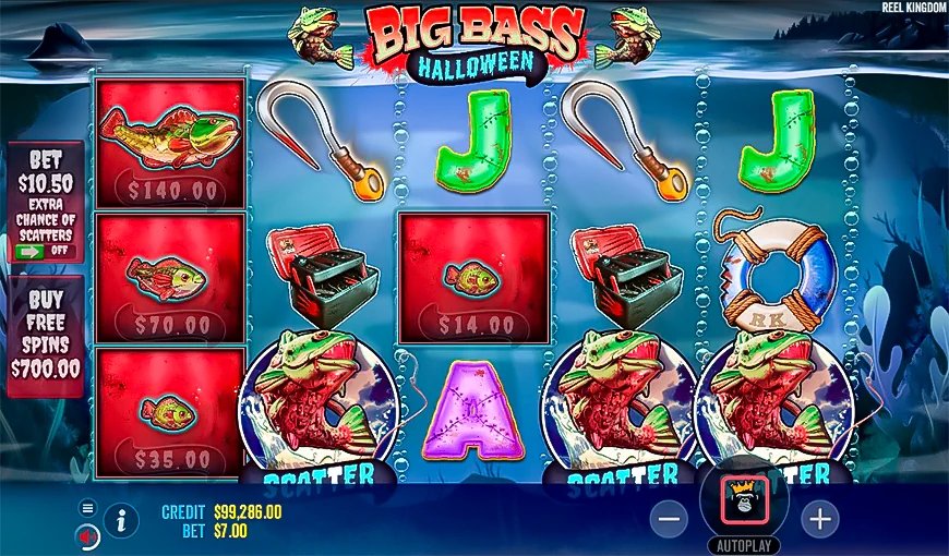 The game process and the playing field of the "Big Bass Halloween" slot.