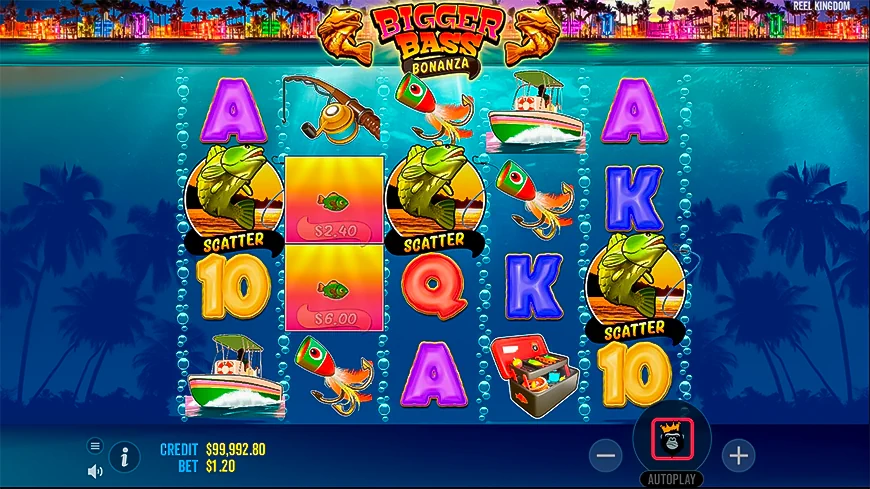 The process of playing Bigger Bass Bonanza slot machine. The screenshot shows the falling out of 3 scatters, which leads to the launch of free spins.