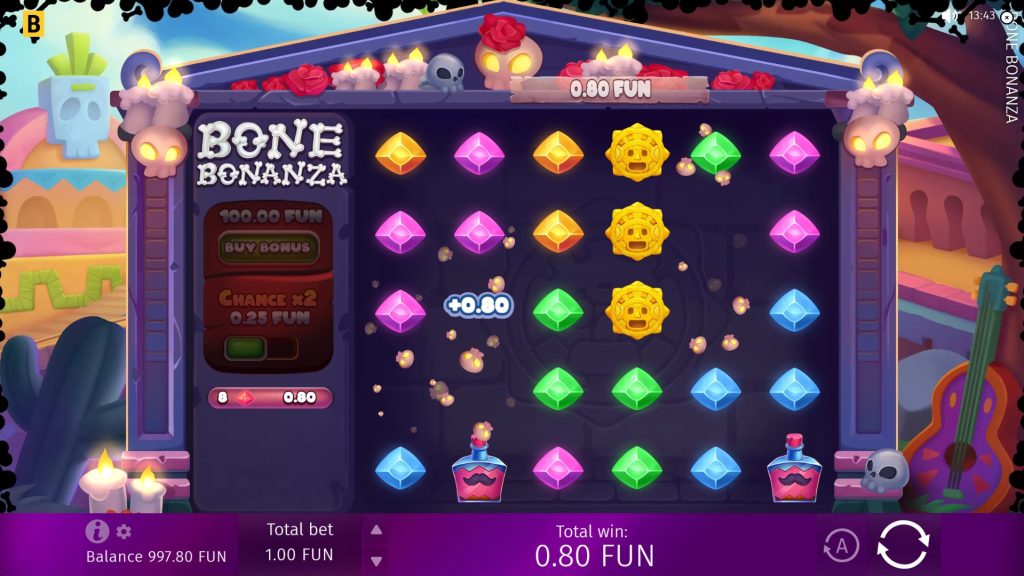 Bone Bonanza slot base game reels with Day of the Dead theme.