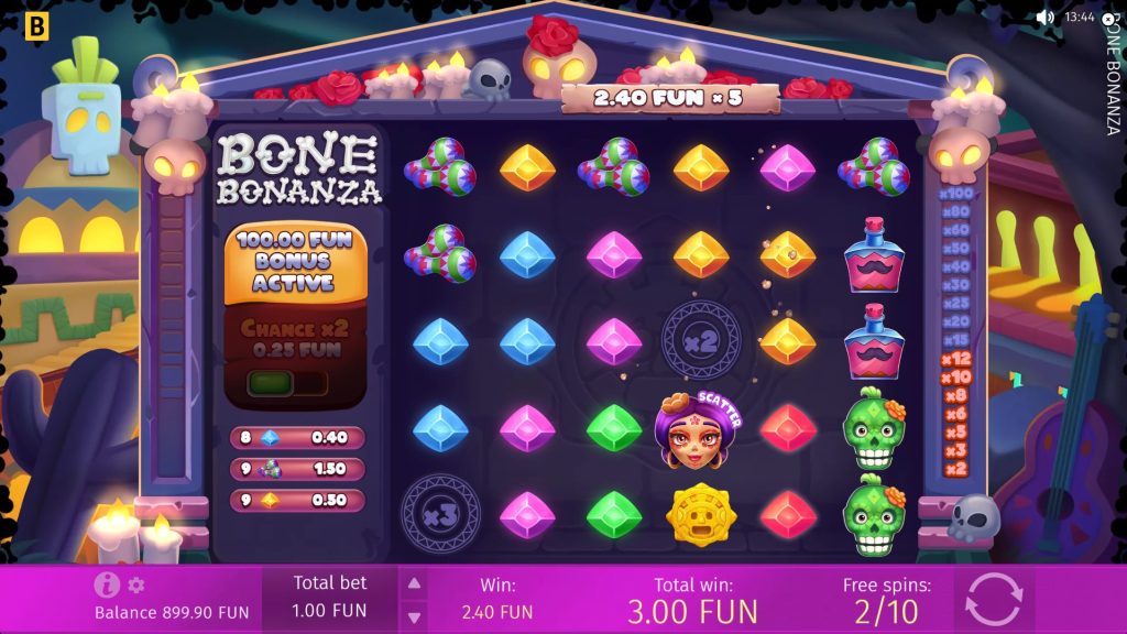 Bone Bonanza slot Free Spins feature with Progress Bar and Multiplier symbols.