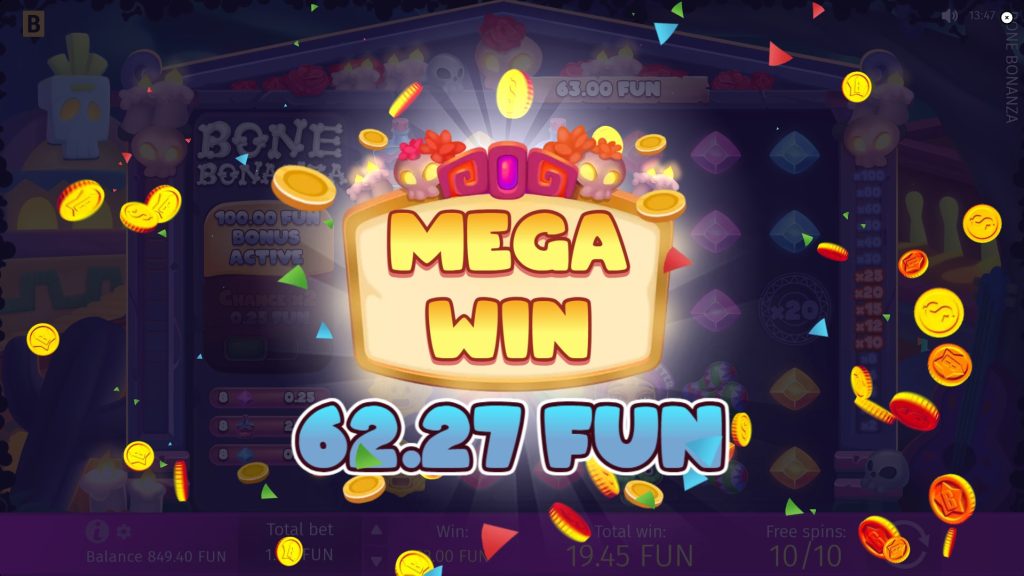 Big win in Bone Bonanza slot Free Spins with Multiplier Symbol.