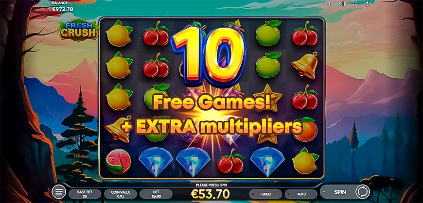 Win 10 free spins when playing Fresh Crush slot.