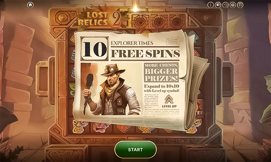 Win 10 free spins at the Lost Relics 2 slot machine game.