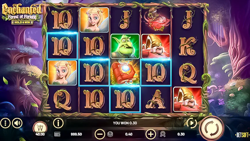 The appearance of the slot "Enchanted - Forest of Fortune" during the game.