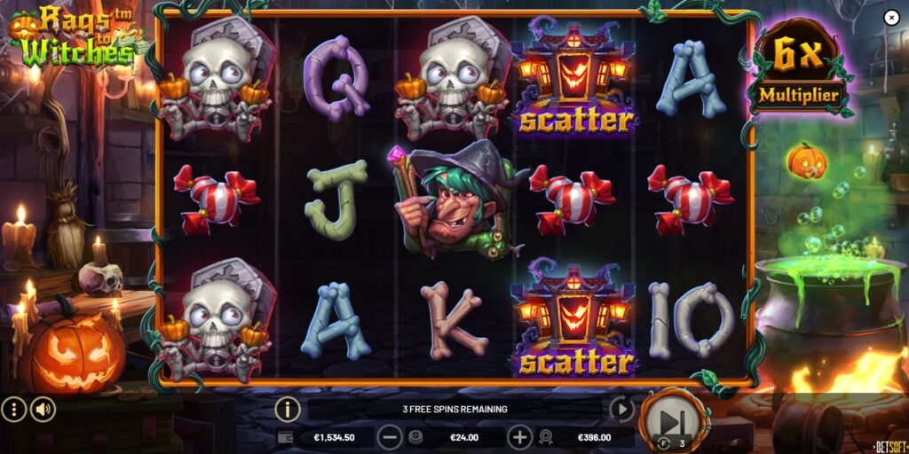 Rags to Witches Free Spins round interface showing increasing multiplier active.