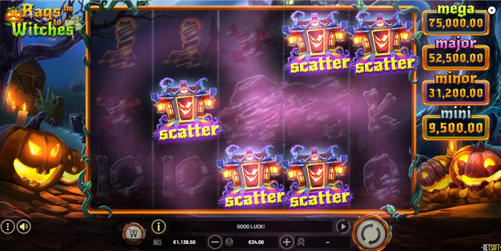 Multiple Witch's Manor Scatter symbols landing on the Rags to Witches slot grid.