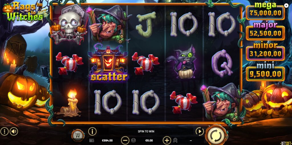 Rags to Witches slot main game screen by Betsoft showing reels, symbols, and jackpot values.