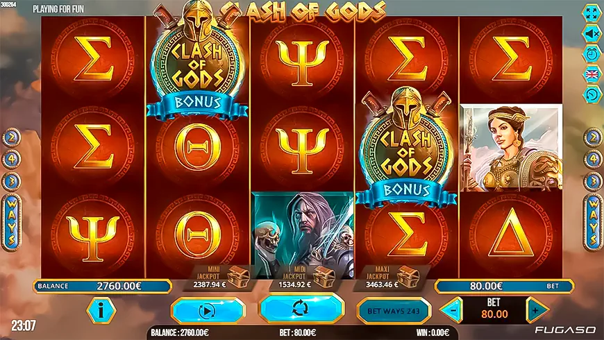 Clash of Gods follows a standard 5 reel, 3 row layout with 243 ways to win