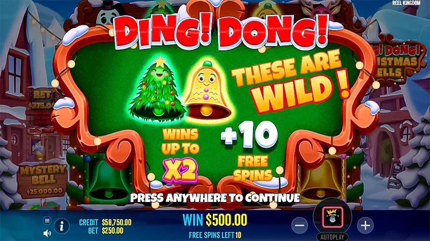 Triggered randomly when two or more bells ring out together, Free Spins provide up to 10 gratis games where festive miracles can occur.