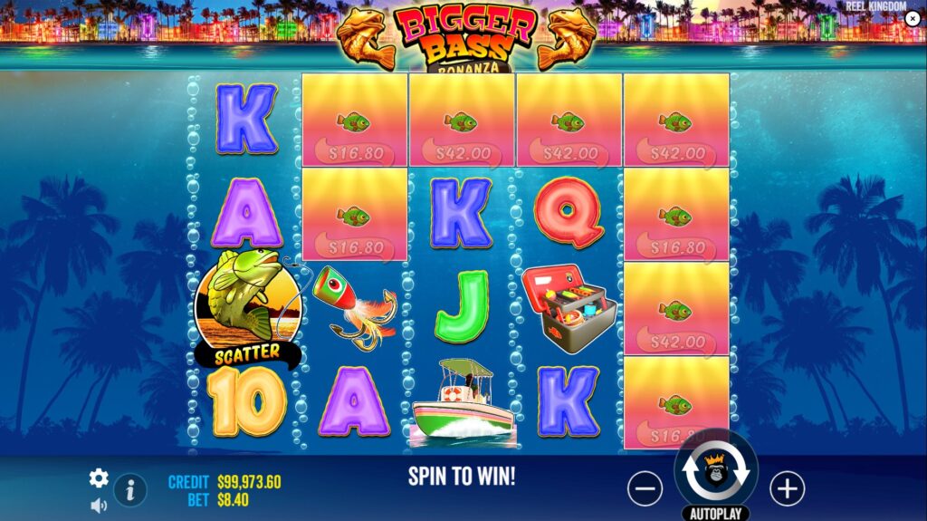 Bigger Bass Bonanza slot base game screen with multiple fish money symbols and a near miss of scatter symbols, showcasing the neon city backdrop.