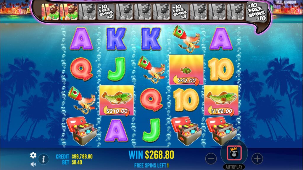Bigger Bass Bonanza free spins feature with the Fisherman Wild collecting multiple fish money symbols