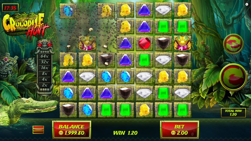 Winning cluster of gemstones in Crocodile Hunt slot with cascading reels animation