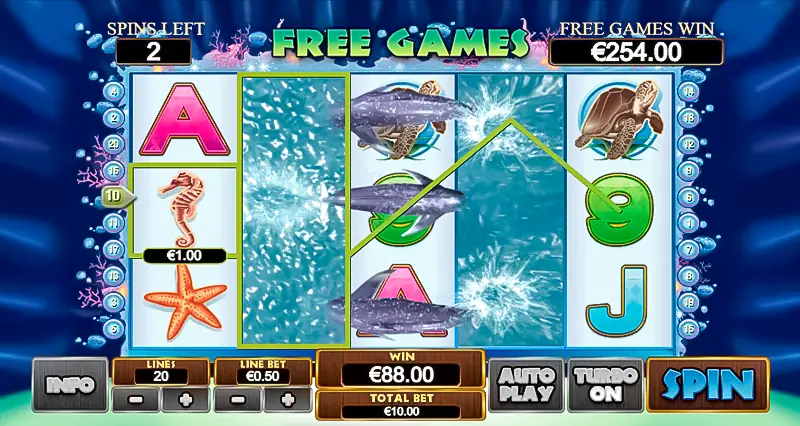 The main bonus feature in Dolphin Reef is the free spins round. 