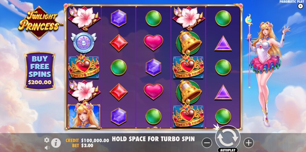 Twilight Princess slot base game view showing the 5x5 grid, symbols, and anime princess character.