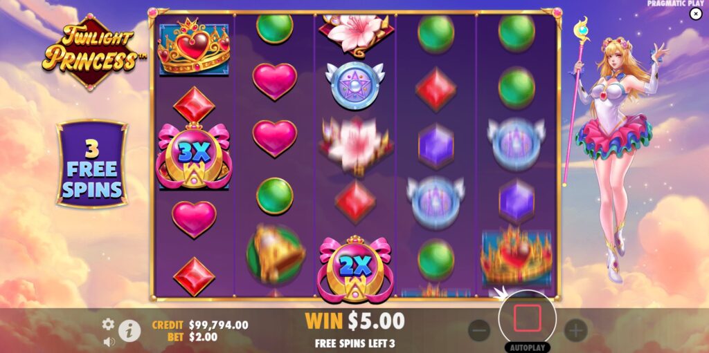 Twilight Princess Free Spins round in action with multiple sticky Multiplier Wild symbols locked on the reels.