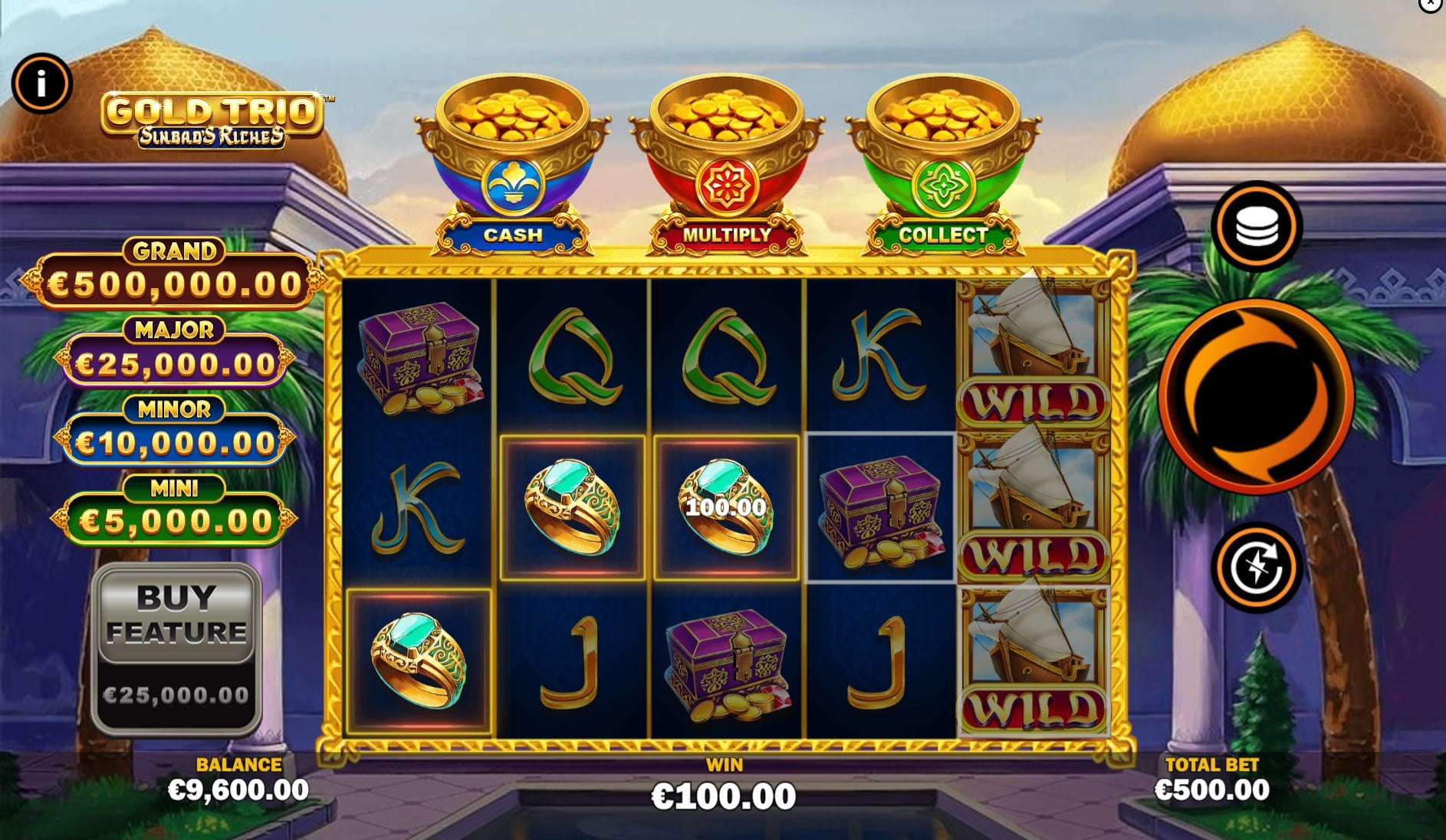 Gold Trio: Sinbad's Riches by Playtech slot gameplay screen