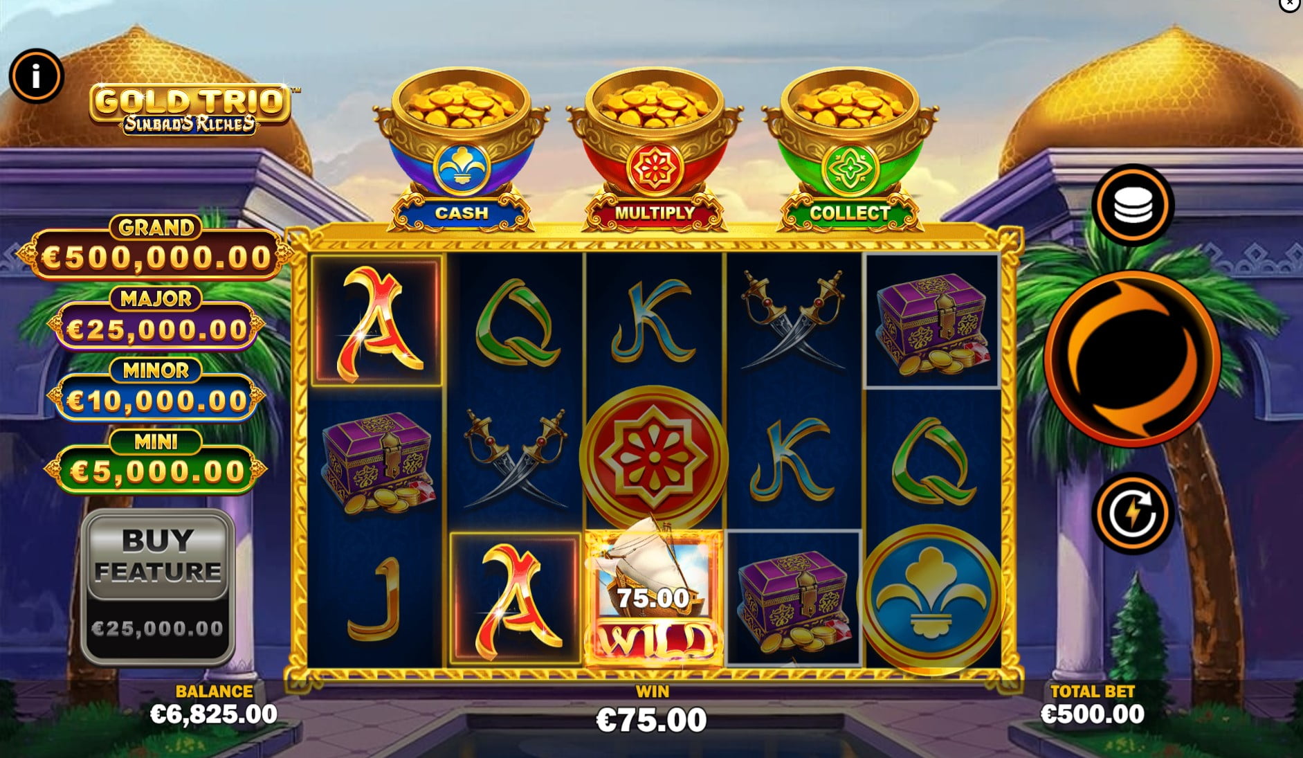 Gold Trio: Sinbad's Riches by Playtech slot gameplay screen