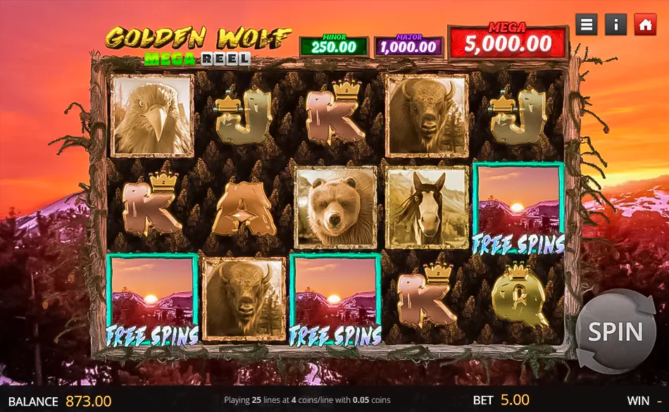 Free Spins Bonus Feature in Golden Wolf Mega Reel Slot