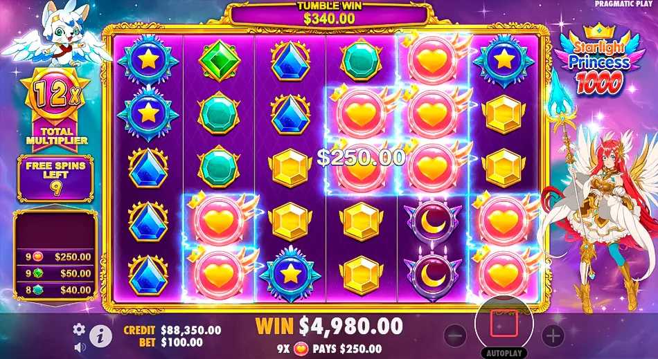 Free spins bonus feature in Starlight Princess 1000 slot