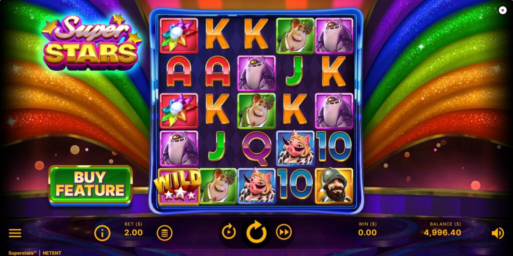 The 5x5 base game grid of the Superstars slot by NetEnt, featuring character symbols and paylines.