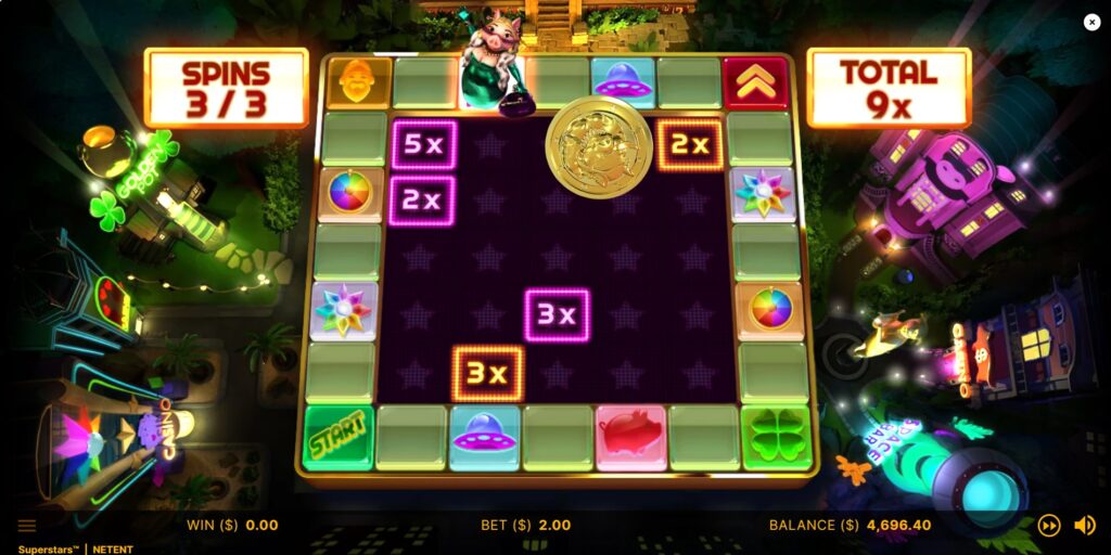 Miss Banks (Lady Pig) Bonus Feature adding random multiplier prizes to the Superstars slot grid.