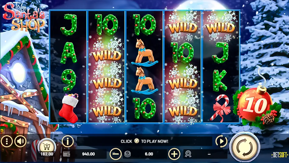 Basic game play in Take Santa's Shop slot from BetSoft