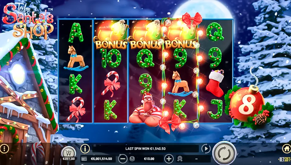 Winning the bonus feature in Take Santa's Shop slot from BetSoft
