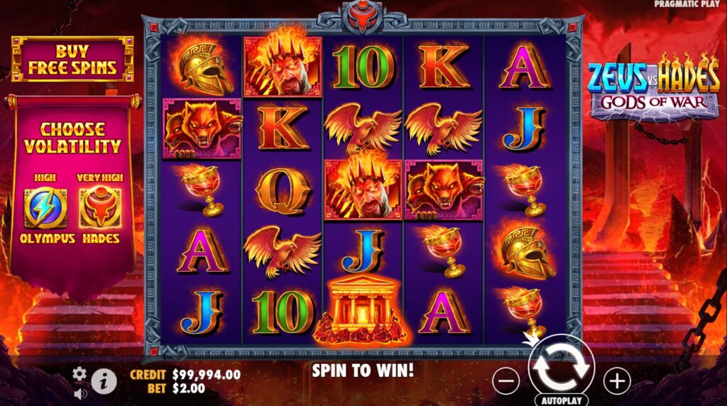 Zeus vs Hades slot Hades mode base game with Hades symbols and fiery red interface.