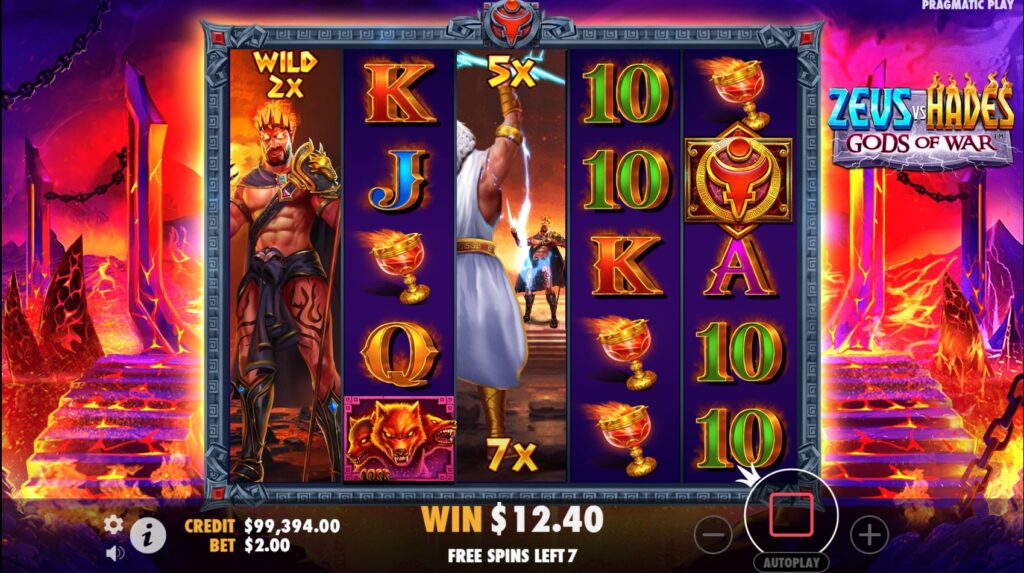 Zeus vs Hades Free Spins round with multiple sticky expanding wilds and active multipliers.